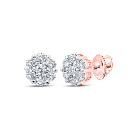 10K Yellow Or Rose Gold Womens Round Diamond Flower Cluster Earrings