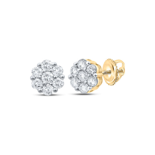 10K Yellow Gold Womens Round Diamond Flower Cluster Earrings 1 Cttw