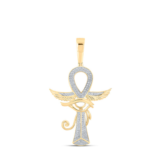 10K Yellow Gold Mens Round Diamond Ankh Eye Cross Charm Pendant 1/3 Cttw, Length: 1.94 In, Width: 1.14 In