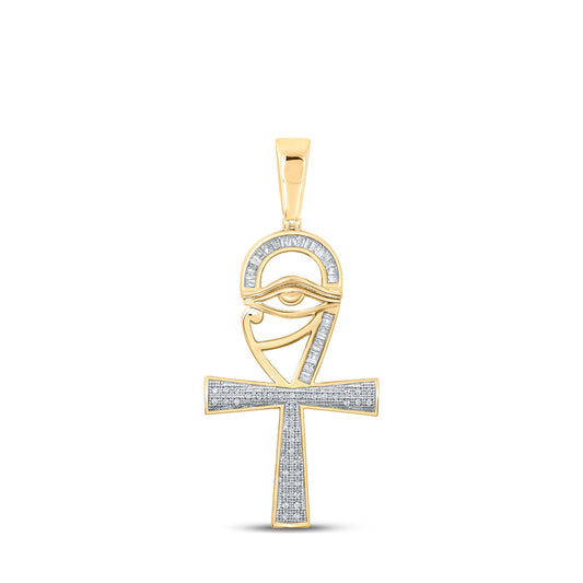10K Yellow Gold Mens Baguette Diamond Ankh Eye Cross Charm Pendant 1/3 Cttw