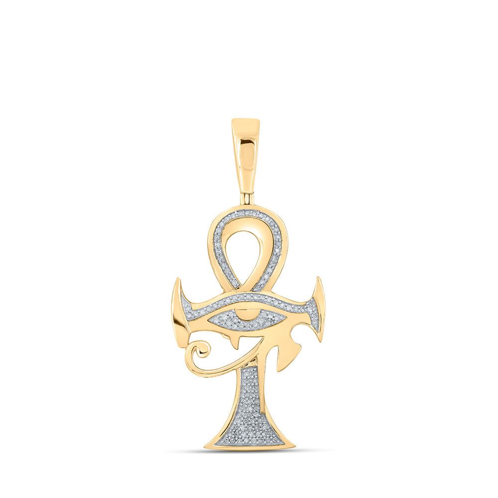 10K Yellow Gold Mens Round Diamond Ankh Eye Cross Charm Pendant 1/3 Cttw, Length: 2.06 In, Width: 0.94 In