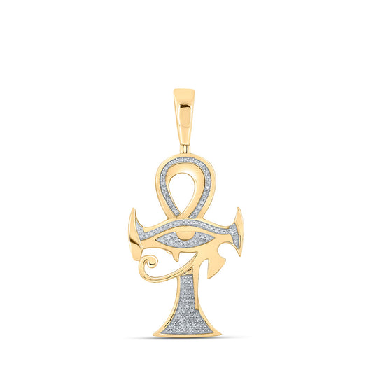 10K Yellow Gold Mens Round Diamond Ankh Eye Cross Charm Pendant 1/3 Cttw, Length: 2.06 In, Width: 0.94 In