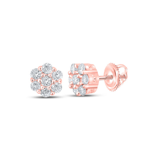 10K Rose Gold Round Diamond Flower Cluster Earrings 1/4 Cttw