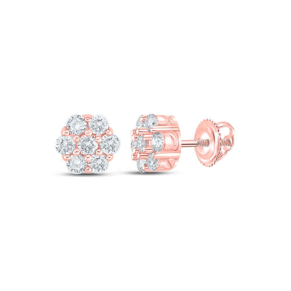10K Rose Gold Round Diamond Flower Cluster Earrings 1/3 Cttw