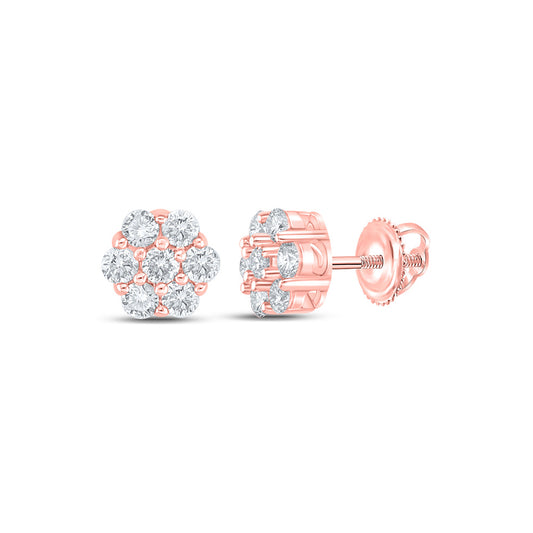 10K Rose Gold Round Diamond Flower Cluster Earrings 1/3 Cttw