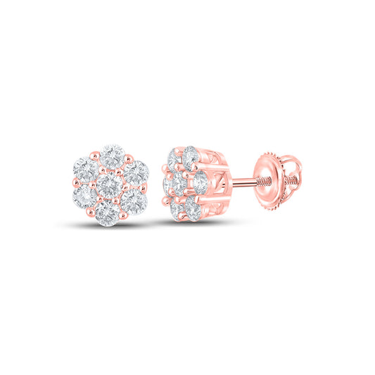 10K Rose Gold Round Diamond Flower Cluster Earrings 1/2 Cttw