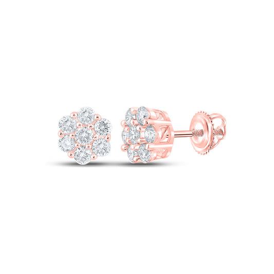 10K Rose Gold Round Diamond Flower Cluster Earrings 3/4 Cttw
