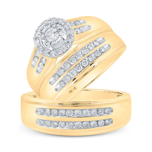 10K Yellow Gold His Hers Round Diamond Cluster Matching Wedding Set 3/4 Cttw, Womens Size: 5-10, Mens Size: 7-13
