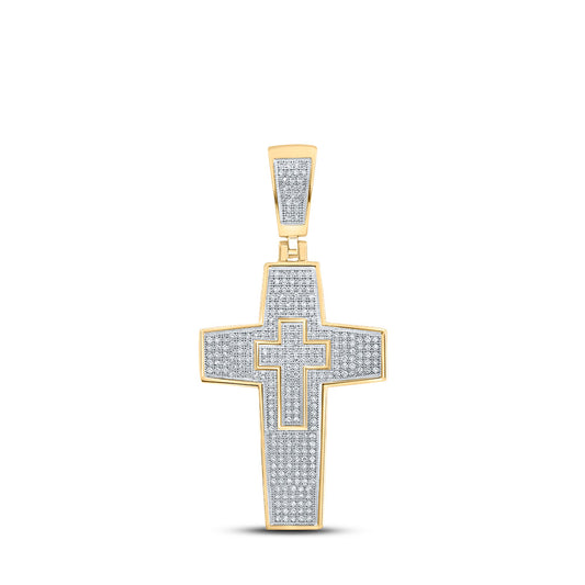 10K Yellow Gold Mens Round Diamond Cross Charm Pendant 3/4 Cttw