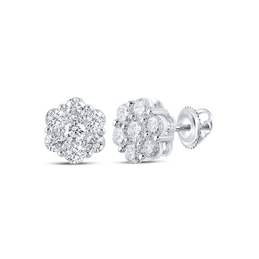 14K White Gold Womens Round Diamond Cluster Earrings 1-1/2 Cttw