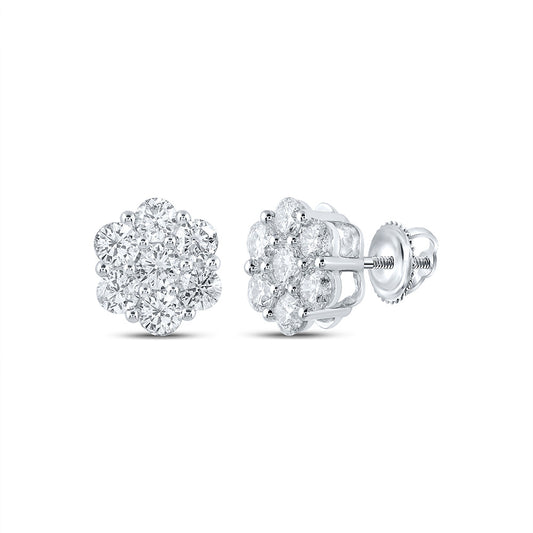 14K White Gold Womens Round Diamond Flower Cluster Earrings 1-3/4 Cttw