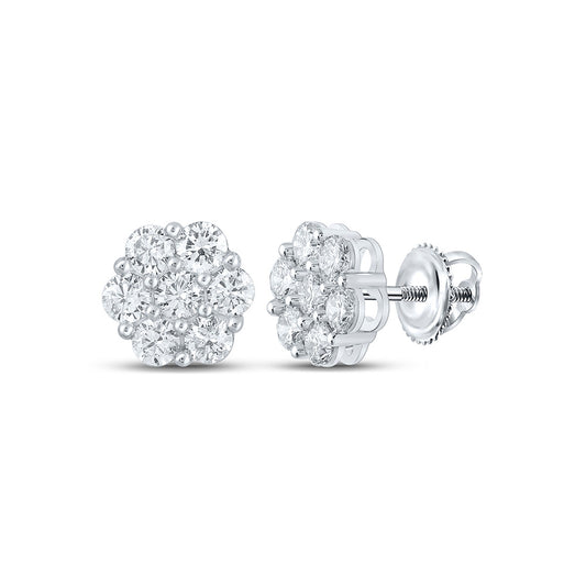 14K White Gold Womens Round Diamond Flower Cluster Earrings 2-3/4 Cttw