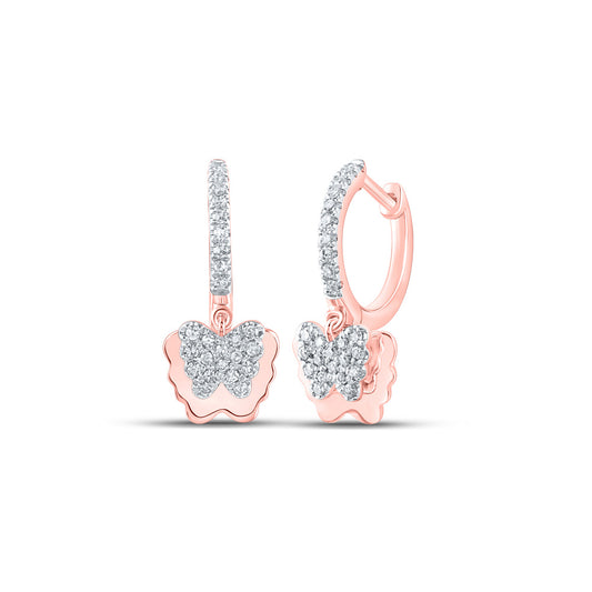 10K Yellow Or White Or Rose Gold Womens Round Diamond Dangle Hoop Butterfly Earrings