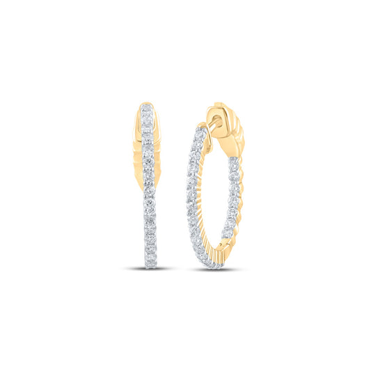 10K Yellow Gold Womens Round Diamond Inside Outside Hoop Earrings 1/2 Cttw