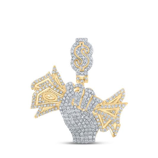 10K Yellow Gold Mens Round Diamond Money Fist Charm Pendant 2-5/8 Cttw, Length: 1.26 In, Width: 1.57 In
