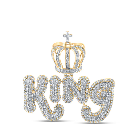 10K Yellow Gold Mens Round Diamond King Crown Phrase Charm Pendant 4-7/8 Cttw, Length: 1.73 In, Width: 1.95 In