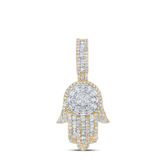 10K Yellow Gold Mens Baguette Diamond Hamsa Charm Pendant 1-5/8 Cttw, Length: 1.61 In