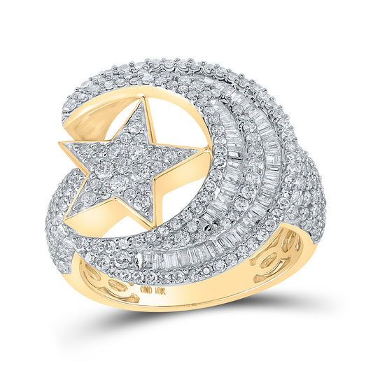 10K Yellow Gold Mens Baguette Diamond Crescent Moon Star Ring 2-1/3 Cttw, Mens Size: 7-13