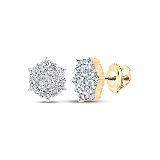 10K Yellow Gold Womens Round Diamond Hexagon Cluster Earrings 1/8 Cttw