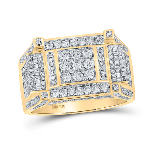 10K Yellow Gold Mens Round Diamond Square Ring 1-5/8 Cttw, Mens Size: 7-13