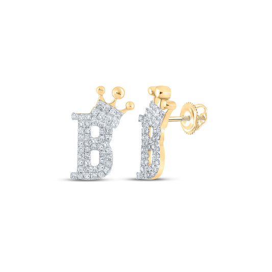 10K Yellow Gold Womens Round Diamond B Crown Letter Earrings 1/5 Cttw