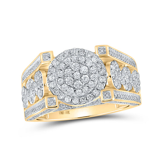 10K Yellow Gold Mens Round Diamond Cluster Ring 2-1/5 Cttw, Mens Size: 7-13