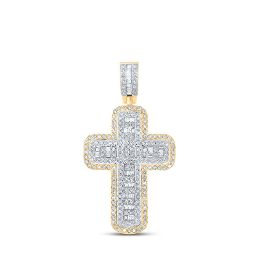 10K Yellow Gold Mens Baguette Diamond Cross Charm Pendant 3/4 Cttw