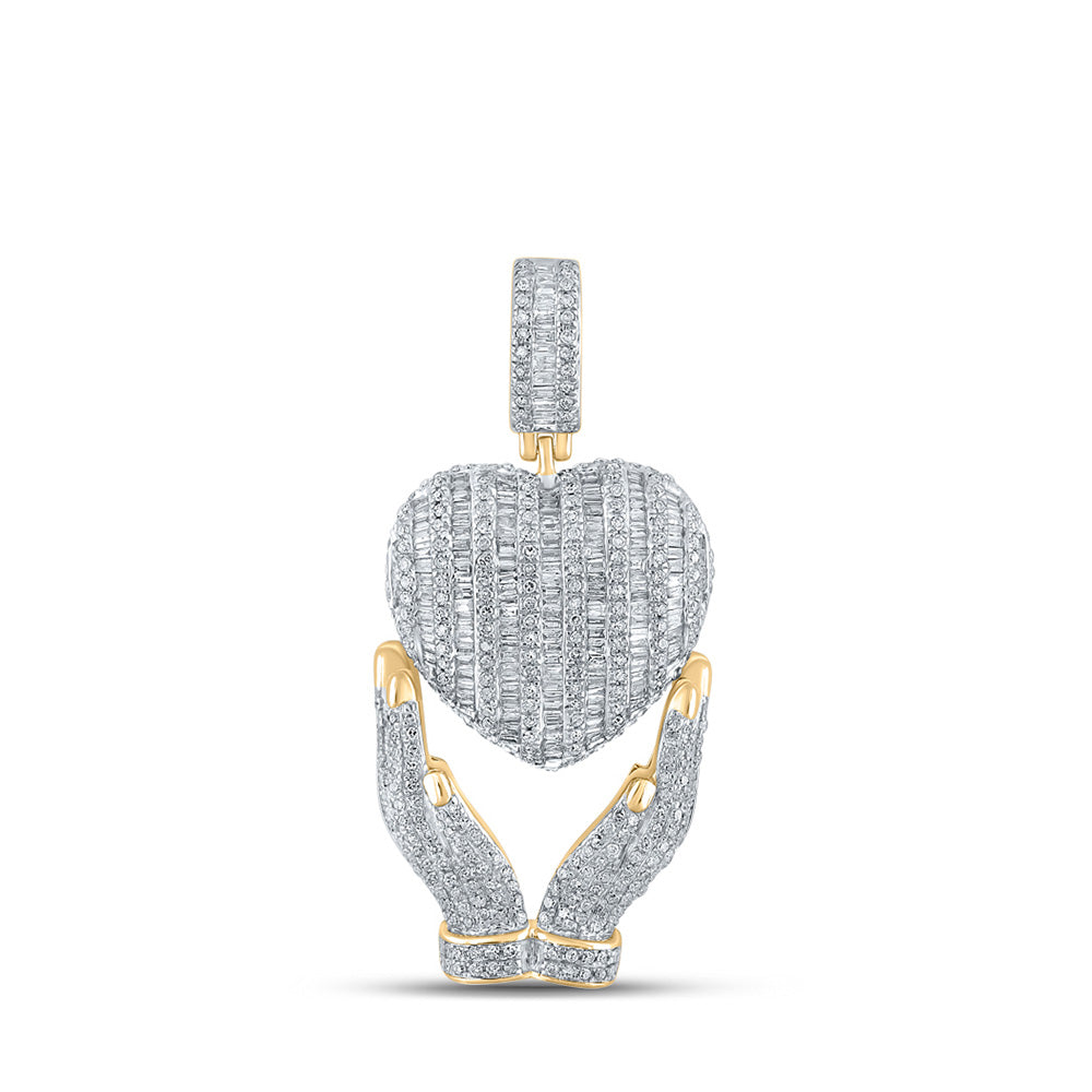 10K Yellow Gold Mens Baguette Diamond Heart Hands Charm Pendant 1-3/4 Cttw, Length: 1.74 In, Width: 0.8 In
