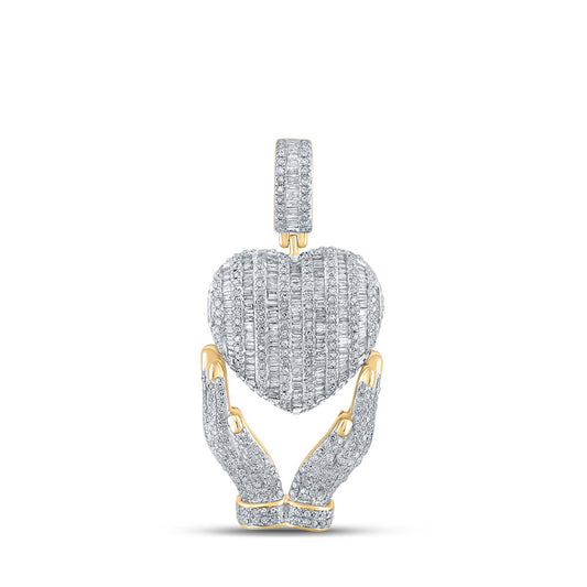 10K Yellow Gold Mens Baguette Diamond Heart Hands Charm Pendant 1-3/4 Cttw, Length: 1.74 In, Width: 0.8 In