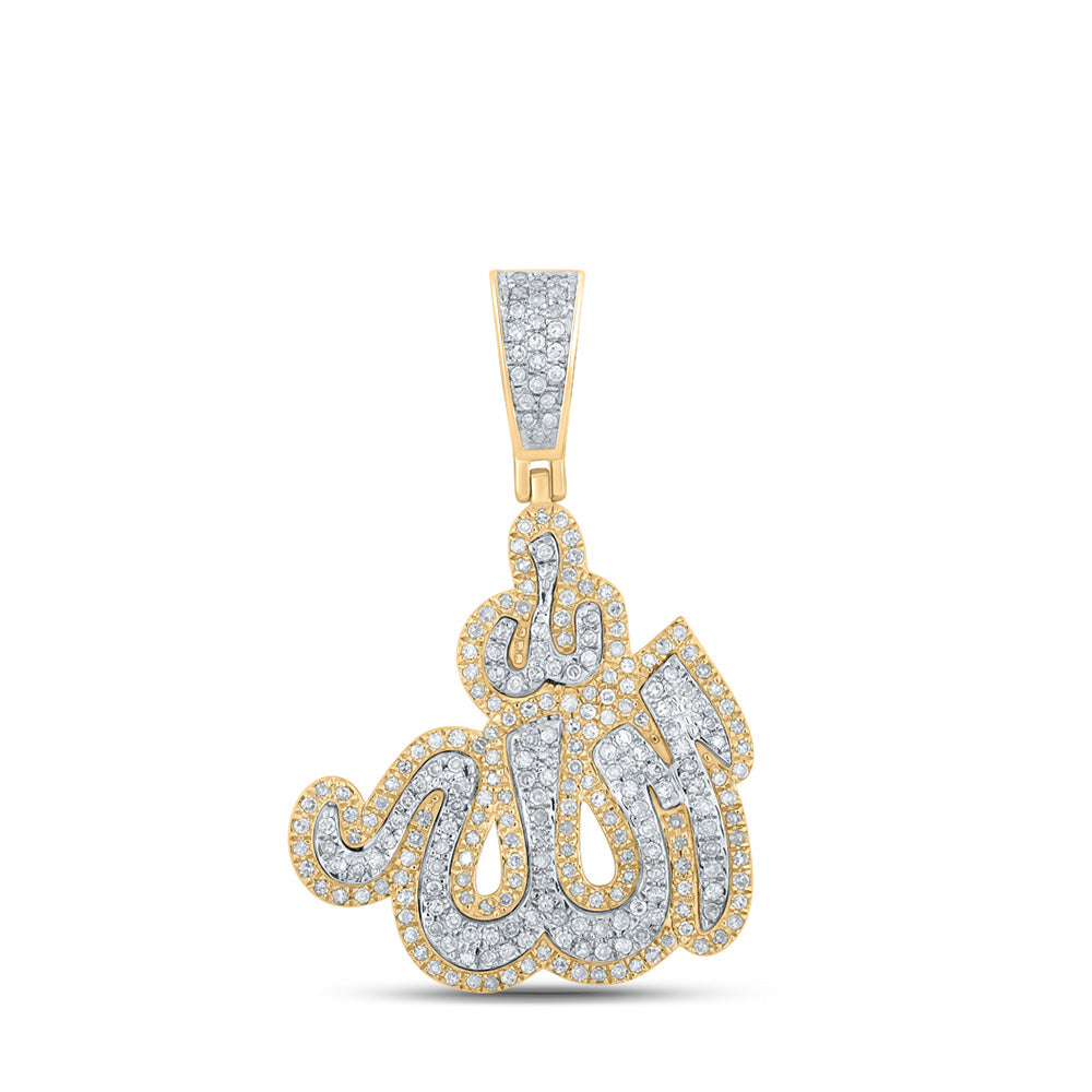 10K Yellow Gold Mens Round Diamond Allah Islam Charm Pendant 3/4 Cttw, Length: 1.34 In, Width: 0.93 In