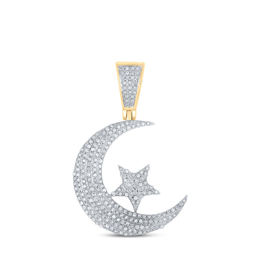 10K Yellow Gold Mens Round Diamond Crescent Moon Star Charm Pendant 5/8 Cttw