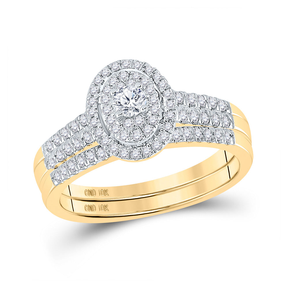 10K Yellow Gold Round Diamond Halo Bridal Wedding Ring Band Set 1/2 Cttw, Womens Size: 5-10