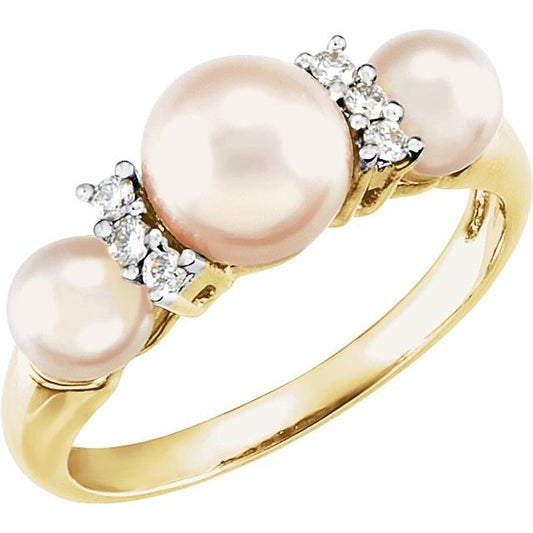 14K Yellow Gold 7.0-7.5 Mm Polished Cultured White Freshwater Pearl And 1/10 Ctw Natural Diamond Ring, Size 6