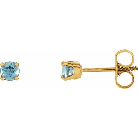 14K Yellow Gold Round Pair 3 Mm Threaded 4-Prong Polished Natural Blue Zircon Youth Earrings With Backs