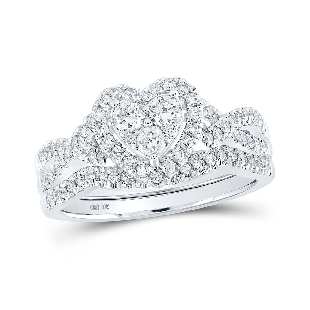 10K White Or Yellow Gold Round Diamond Heart Bridal Wedding Ring Band Set , Womens Size: 5-10