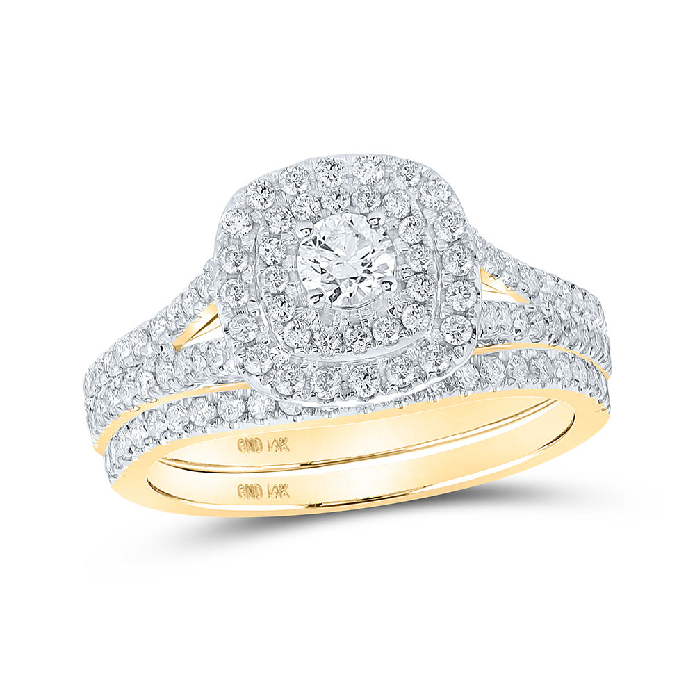 14K Yellow Gold Round Diamond Halo Bridal Wedding Ring Band Set 1 Cttw, Womens Size: 5-10