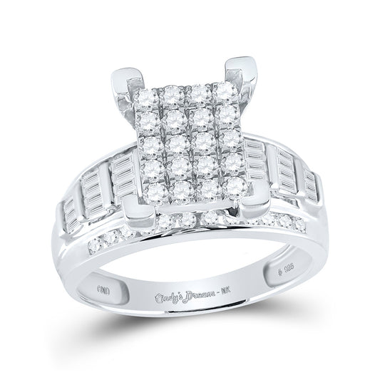 Sterling Silver Round Diamond Cluster Bridal Wedding Engagement Ring 7/8 Cttw, Womens Size: 5-10