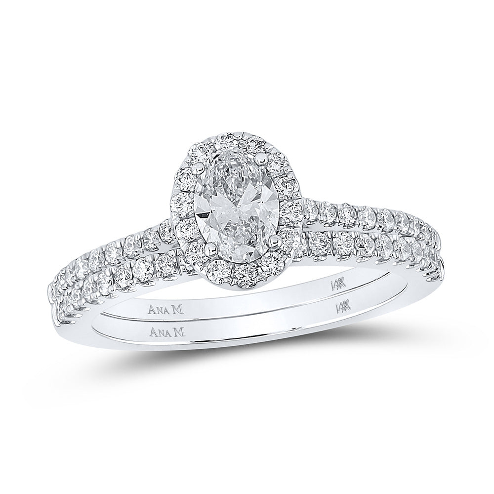 14K White Gold Oval Diamond Halo Bridal Wedding Ring Band Set 1 Cttw, Womens Size: 5-10