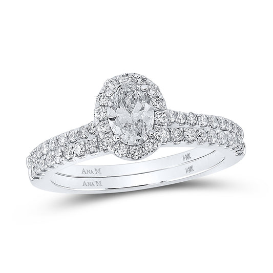 14K White Gold Oval Diamond Halo Bridal Wedding Ring Band Set 1 Cttw, Womens Size: 5-10