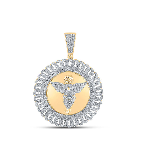10K Yellow Gold Mens Round Diamond Cherub Circle Charm Pendant 1-1/3 Cttw