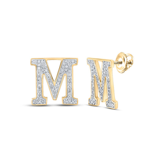 10K Yellow Gold Womens Round Diamond M Initial Letter Earrings 1/4 Cttw