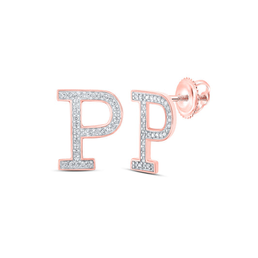 10K Rose Gold Womens Round Diamond P Initial Letter Earrings 1/8 Cttw