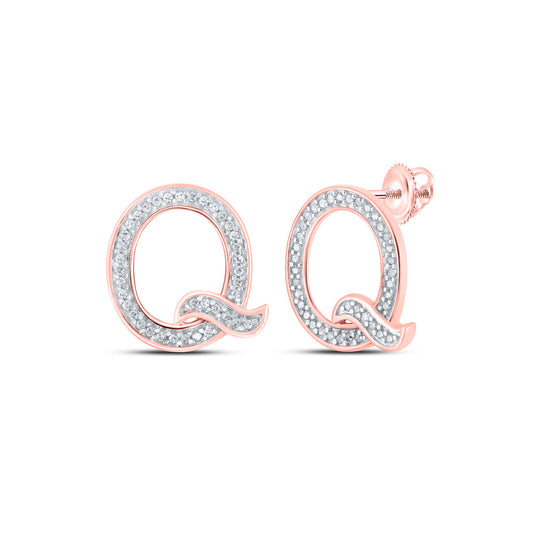 10K Yellow Or White Or Rose Gold Womens Round Diamond Q Initial Letter Earrings
