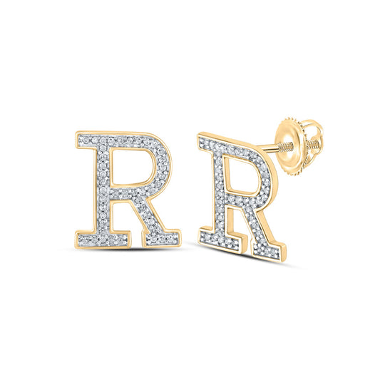 10K Yellow Gold Womens Round Diamond R Initial Letter Earrings 1/6 Cttw