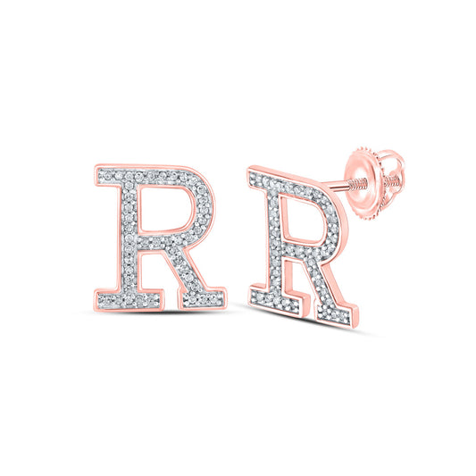 10K Yellow Or White Or Rose Gold Womens Round Diamond R Initial Letter Earrings