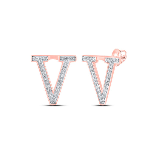 10K Rose Gold Womens Round Diamond V Initial Letter Earrings 1/8 Cttw