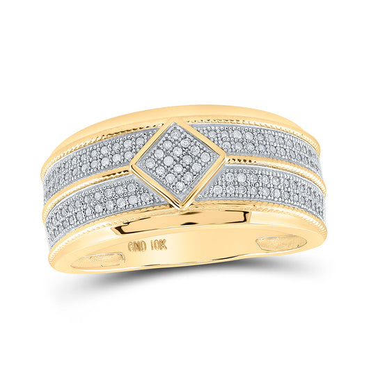 10K Yellow Gold Mens Round Diamond Offset Square Band Ring 1/3 Cttw, Mens Size: 7-13