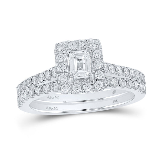 14K White Gold Emerald Diamond Halo Bridal Wedding Ring Band Set 1 Cttw, Womens Size: 5-10