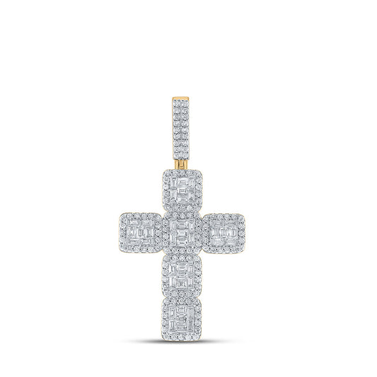 10K Yellow Gold Mens Baguette Diamond Cross Charm Pendant 2-5/8 Cttw