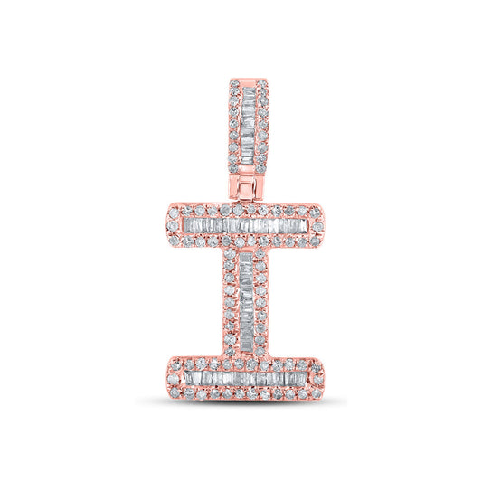 10kt Rose Gold Mens Baguette Diamond I Initial Letter Pendant 3/8 Cttw